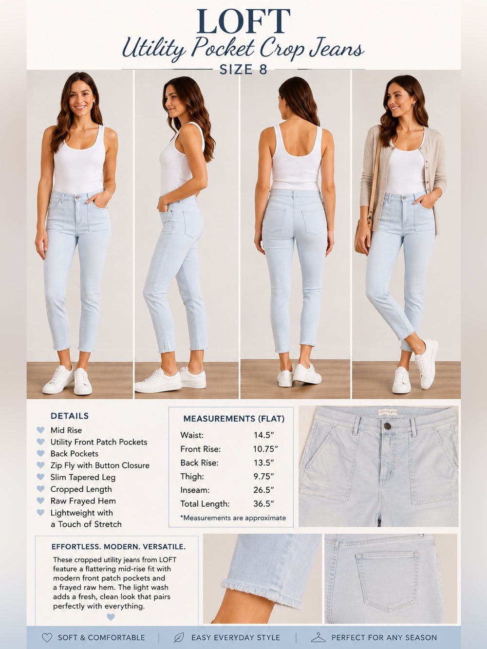 LOFT Skinny Crop Utility Pocket Jeans Size 8 Light Blue Denim Raw Hem - Picture 3 of 16
